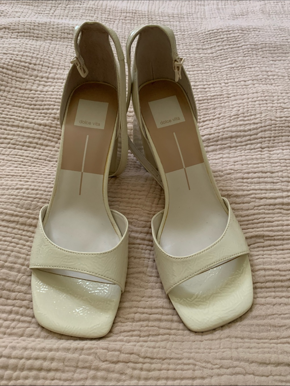 Dolce Vita Ivory Patent Open-Toe Ankle Strap Heels